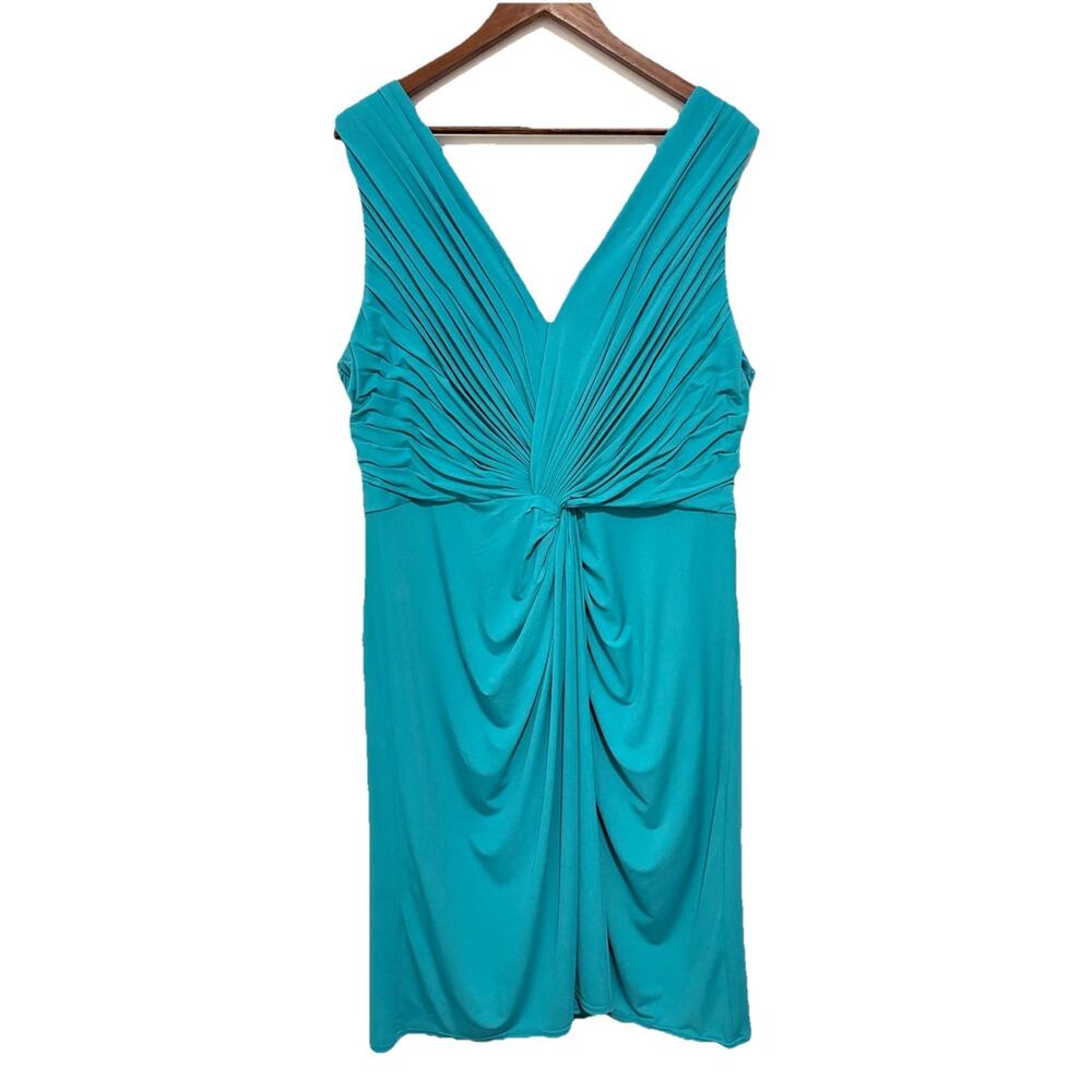 Tadashi Collection 2X Aqua Blue Ruched Knot Front Dress Plus Size Sleeveless￼